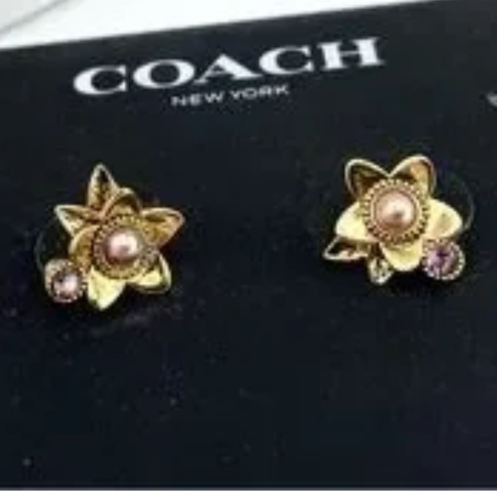 Coach Gold and Pink stone Flower Earrings